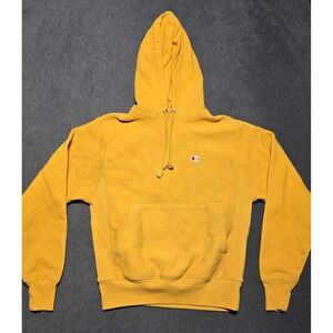 Champion Reverse Weave Hoodie Sweatshirt Pullover Yellow Small Distressed